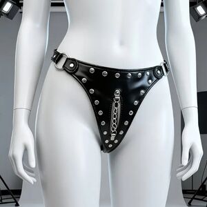 Studded Faux Leather G-string Panties W/Peekaboo Chain Cutout & Large O-rings-OS